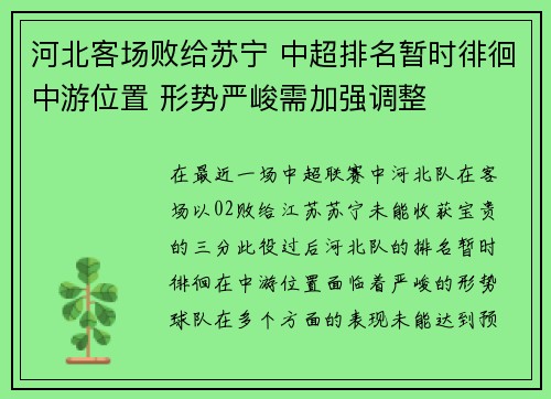 河北客场败给苏宁 中超排名暂时徘徊中游位置 形势严峻需加强调整