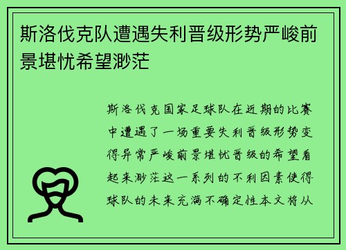 斯洛伐克队遭遇失利晋级形势严峻前景堪忧希望渺茫