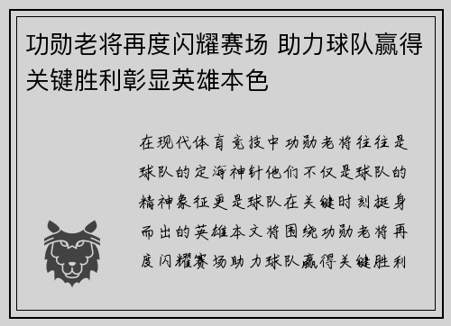 功勋老将再度闪耀赛场 助力球队赢得关键胜利彰显英雄本色
